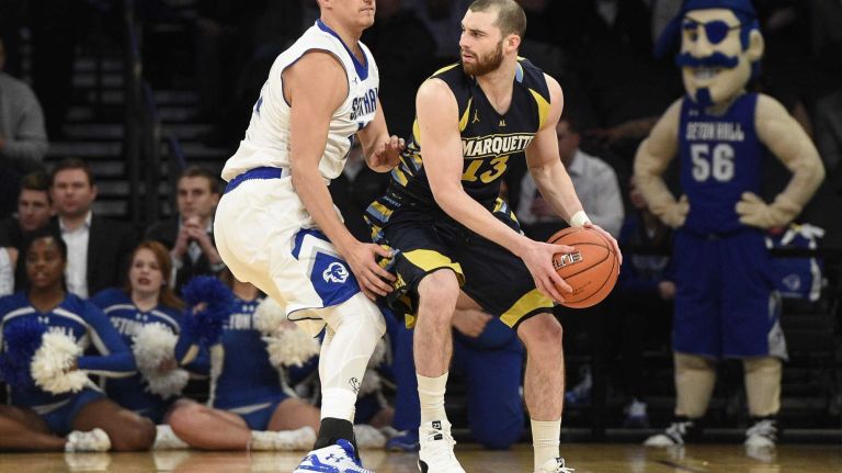 Big East Tournament first round: Marquette vs. Seton Hall 29 Seton Hall Pirates guard Haralds Karlis defends Marquette Golden Eagles guard Matt Carlino in the first round of the Big East basketball tournament at Madison Square Garden on Wednesday, March 11, 2015.
