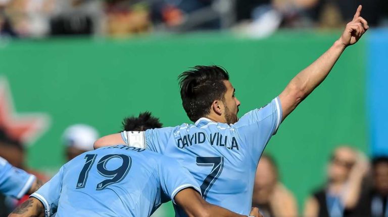 David Villa of NYFC celebrates his first of two goal sin the first half during NYCFC's win over the Vancouver Whitecaps on Saturday, April 30, 2016 at Yankee Stadium.