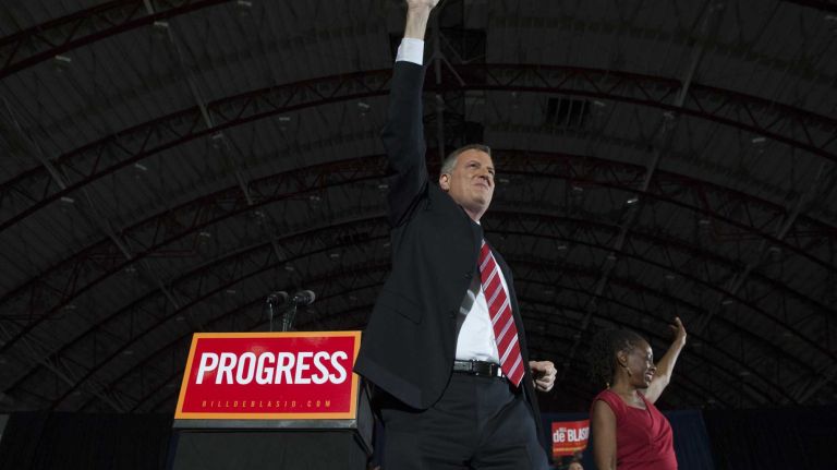Bill de Blasio celebrates his victory in the New York City mayoral race. (Nov. 5, 2013)