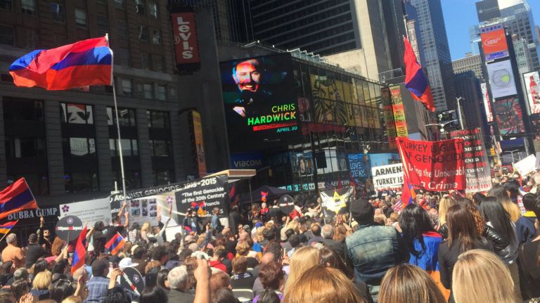 Thousands gathered in Times Square on Sunday, April 24, on the 101st anniversary of the Armenian Genocide.