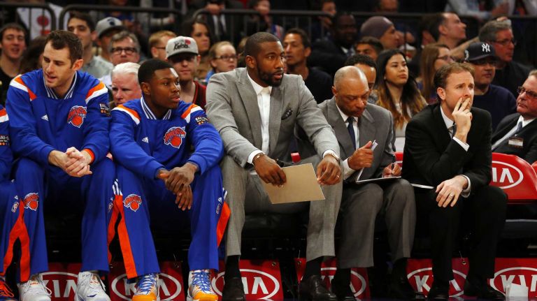 Amar'e Stoudemire #1 of the New York Knicks looks on from the bench during a game against the Milwaukee Bucks at Madison Square Garden on Sunday, Jan. 4, 2015.