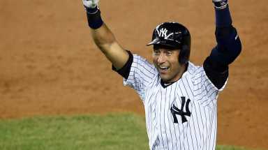 Derek Jeter of the Yankees celebrates his ninth-inning, game-winning base hit against the Baltimore Orioles at Yankee Stadium on Thursday, Sept. 25, 2014.