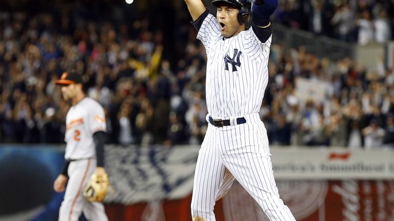 Derek Jeter's final game at Yankee Stadium 123 Derek Jeter of the Yankees celebrates his ninth-inning, game-winning base hit against the Baltimore Orioles at Yankee Stadium on Thursday, Sept. 25, 2014.