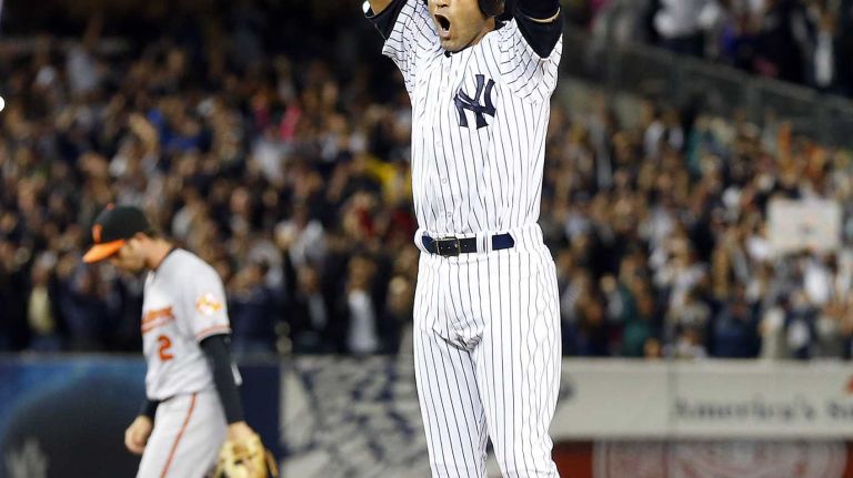Derek Jeter's final game at Yankee Stadium 125 Derek Jeter of the Yankees celebrates his ninth-inning, game-winning base hit against the Baltimore Orioles at Yankee Stadium on Thursday, Sept. 25, 2014.