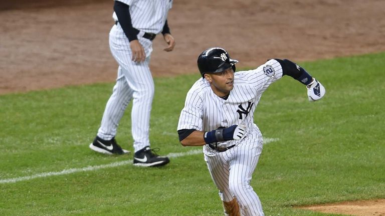 Derek Jeter's final game at Yankee Stadium 161 Yankees' Derek Jeter runs home on an RBI base hit in the first inning of his final game at Yankee Stadium on Thursday, Sept. 25, 2014.