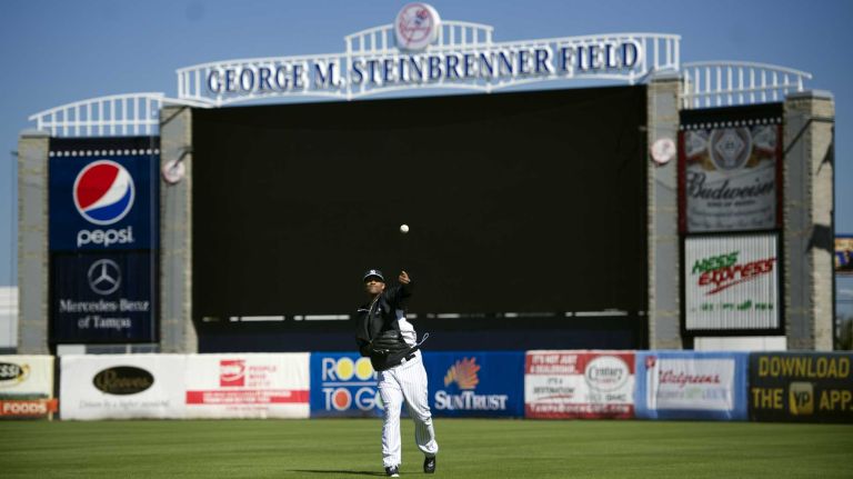 CC Sabathia works out at Steinbrenner Field in Tampa, Fla., on the first day of Yankees spring training on Feb. 14, 2014.