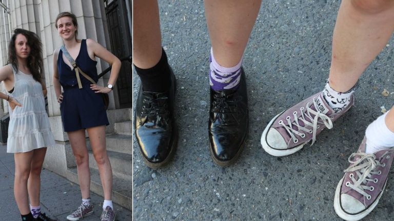 Ali Baker, 24, and Lydia Rahill, 23, recent transplants from Dublin, each accessorized with mismatched socks. Though it looked like an intentional fashion statement, 