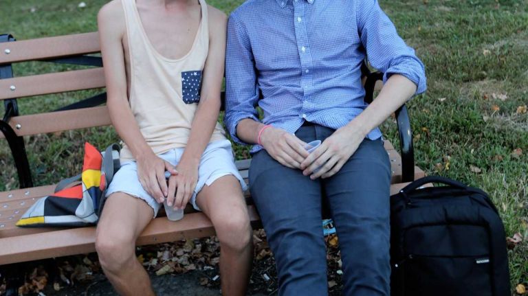 Klye Bella, 25, of Bushwick, wears shoes made from recycled tires by a Kenyan designer, with a tote he scored at the Tate Modern in London. Joshua Brueckner, 26, of Greenpoint, meanwhile, wears Fred Perry shoes, Asos pants and a Ralph Lauren shirt. Come fall, the duo said they're looking forward to accessorizing with colorful socks.