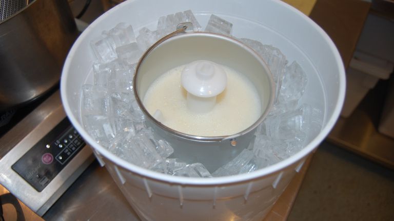 Transfer the liquid to a bowl or the ice cream maker receptacle. Chill in an ice bath, letting cool for 15 to 20 minutes, stirring occasionally. 