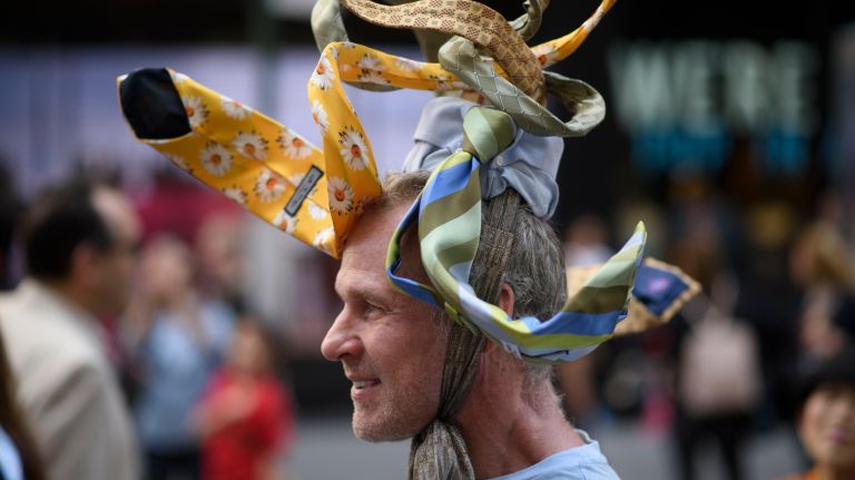 A participant wears an elaborate tie-themed hat at the Easter Parade and Bonnet Festival in Manhattan on Sunday, April 16, 2017. 