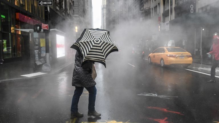 The spirals on this umbrella are as dizzying as the wind whipping around Manhattan during the nor'easter on March 2, 2018.