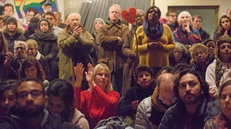 Activists, faith leaders and elected officials attend a rally for detained immigration rights leaders Ravi Ragbir and Jean Montrevil at Judson Memorial Church in Manhattan on Monday, Jan. 15, 2018.