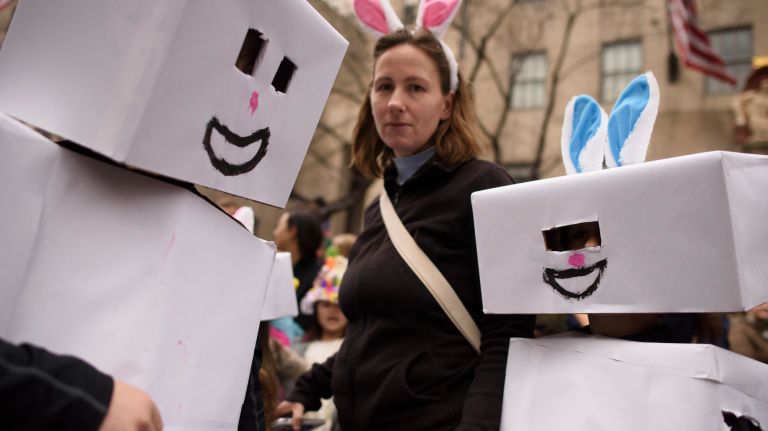 Two children dress as robots during the Easter parade and bonnet festival on Fifth Avenue.