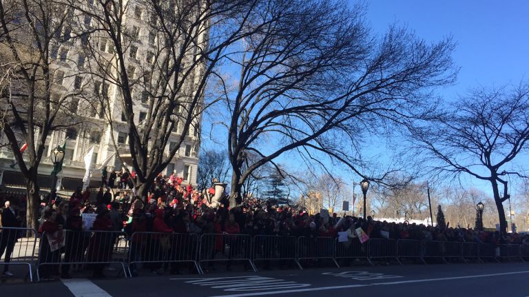 People rally near 59th Street and Fifth Avenue in Manhattan as part of the A Day Without a Woman strike on Wednesday, March 8, 2017.