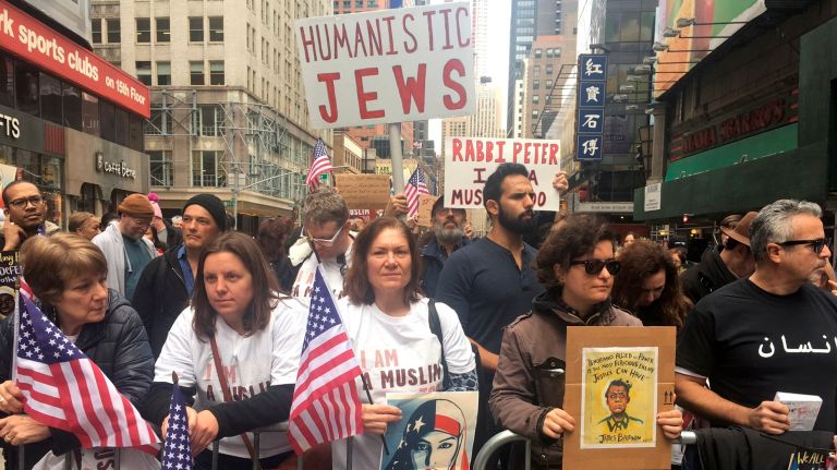 Participants gather at the I Am A Muslim Too rally in Times Square on Feb. 19, 2017.