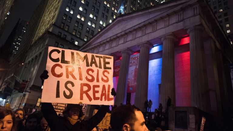 Anti-Trump demonstrators at the rally and march from Foley Square to the Trump Building at 40 Wall St. in Manhattan on Jan. 20, 2017.