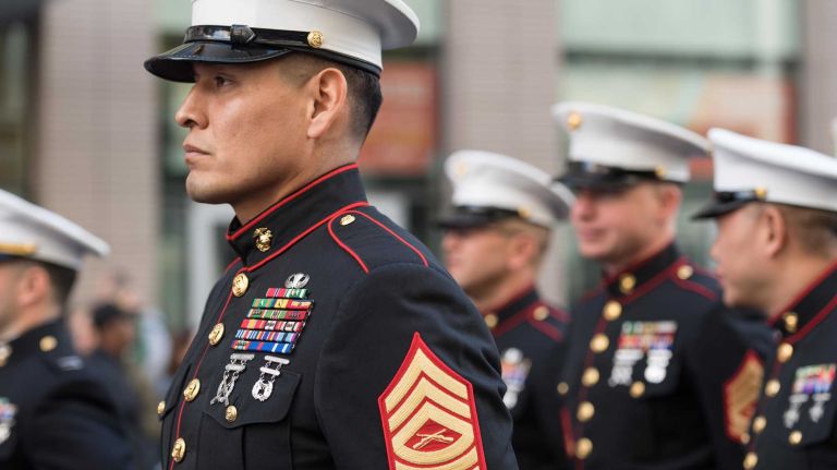 Members of the U.S. Marines 6th Communications Bn, Brooklyn. The New York City Veterans Day Parade, also known as America's Parade, on Nov. 11, 2016, marched up Fifth Avenue after a wreath was placed at the Eternal Light Monument at Madison Square Park on 26th St.