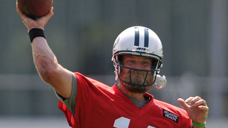 Jets quarterback Ryan Fitzpatrick throws a pass during the first day of team training camp at Atlantic Health Jets Training Center in Florham Park, N.J. on Thursday, July 28, 2016.