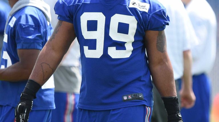 New York Giants defensive end Mike Rose looks on during the Giants Organized Team Activities at Quest Diagnostics Training Center on Wednesday, June 1, 2016.