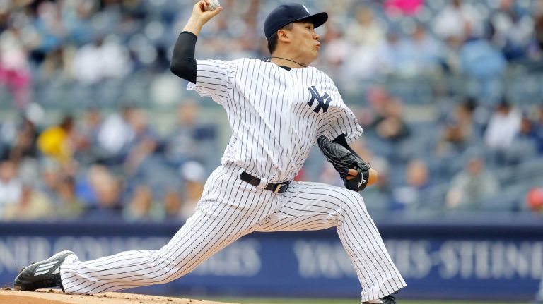 Yankees vs. Rays 100 Masahiro Tanaka #19 of the New York Yankees pitches in the first inning against the Tampa Bay Rays at Yankee Stadium on Saturday, April 23, 2016 in the Bronx Borough of New York City.