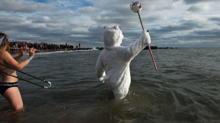 A man dressed as a polar bear walks into the ocean during the annual Coney Island Polar Bear Club New Year's Day swim on Jan. 1, 2016.