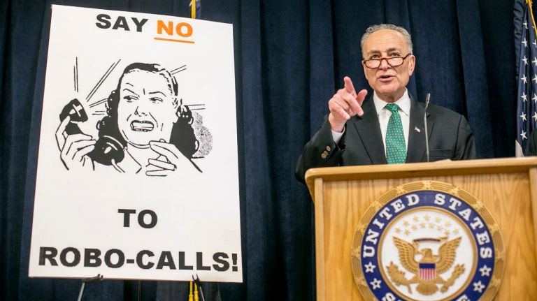 U.S. Sen.  Charles Schumer (D-NY) holds a press conference at his midtown Manhattan office March 6, 2016, calling on phone companies, major landline and mobile phone carriers,  to make robocall-blocking technology available to all consumers.