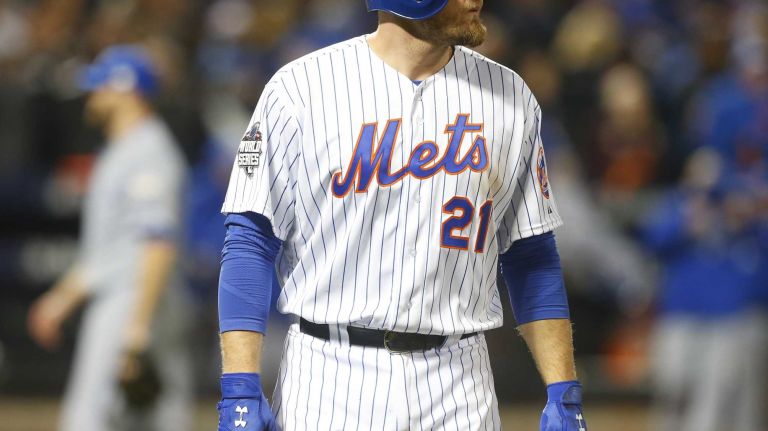 Mets first baseman Lucas Duda looks on after hitting into a game-ending double play in Game 4 of the World Series against the Kansas City Royals at Citi Field on Saturday, Oct. 31, 2015.