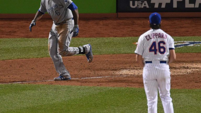 Kansas City Royals center fielder Lorenzo Cain draws a walk against New York Mets relief pitcher Tyler Clippard during Game 4 of the World Series against the Kansas City Royals at Citi Field on Saturday, Oct. 31, 2015.