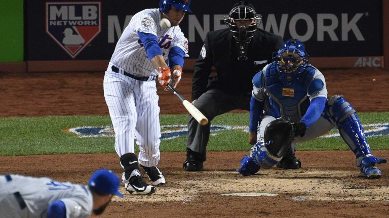 New York Mets left fielder Michael Conforto hits his second solo home run during Game 4 of the World Series against the Kansas City Royals at Citi Field on Saturday, Oct. 31, 2015.