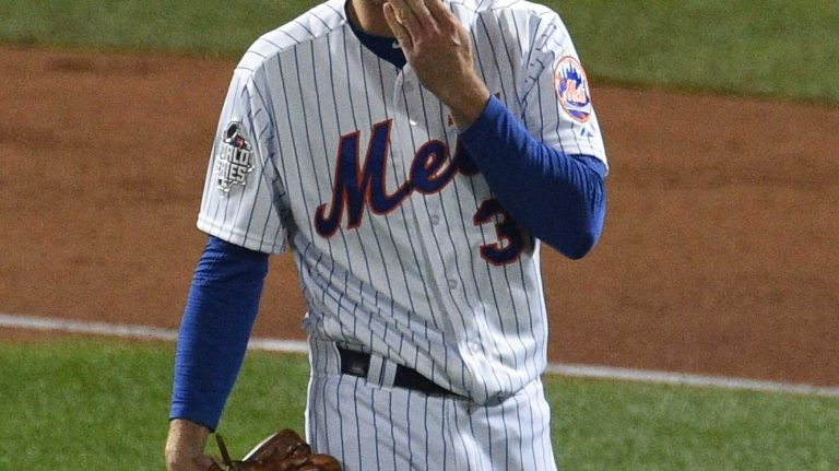 New York Mets starting pitcher Steven Matz reacts during the second inning of Game 4 of the World Series against the Kansas City Royals at Citi Field on Saturday, Oct. 31, 2015.