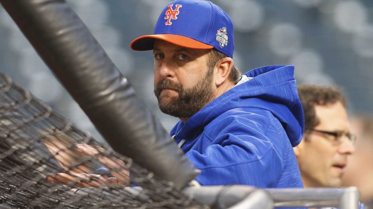 New York Mets hitting coach Kevin Long (57) during batting practice before Game 4 of the World Series against the Kansas City Royals at Citi Field on Saturday, Oct. 31, 2015.
