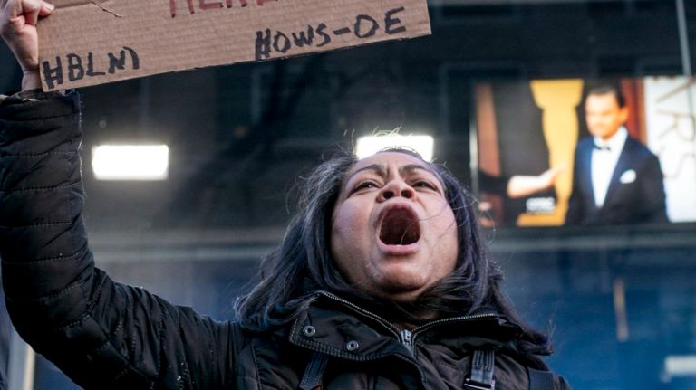 A group of protestors from the National Action Network demostrator against the lack of diversity in the Oscar nominations, outisde WABC's Manhattan headquarters on Feb. 28, 2016.