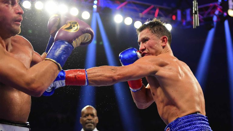 Middleweight Gennady Golovkin lands a punch on David Lemieux during World Championship Boxing at Madison Square Garden in New York, New York on Sunday, Oct 18, 2015.