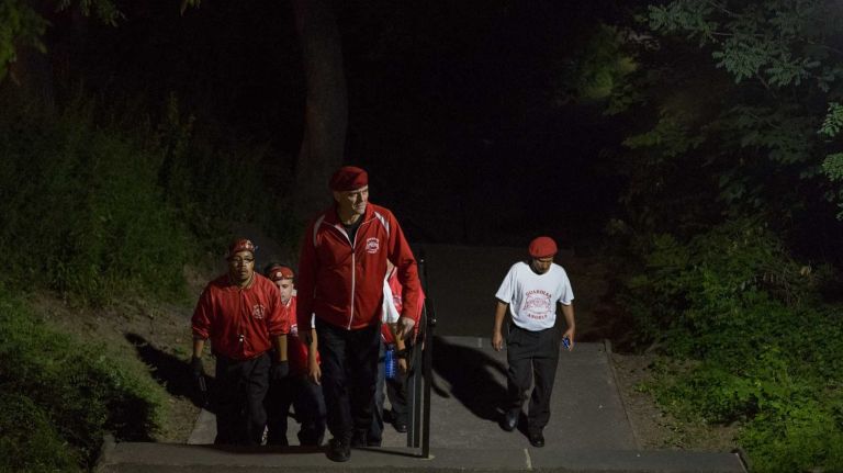 The group loads up a van and heads down the FDR to Central Park. Starting on the north end of the park, Sliwa leads the patrol into a largely unlit area that is pedestrian accessible.