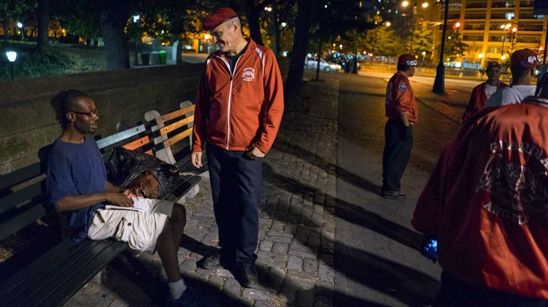 At one point in the patrol, a a man sitting on a bench outside park stops Sliwa. The Guardian Angels founder chats with him before the men in red berets turn back into the park, where they would stay until 1 a.m. when the park closes. They would be back the next night, and the one after that.