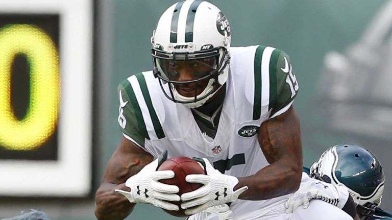 Brandon Marshall of the New York Jets runs a reception in the first half against Malcolm Jenkins of the Philadelphia Eagles during an NFL game at MetLife Stadium on Sept. 27, 2015.