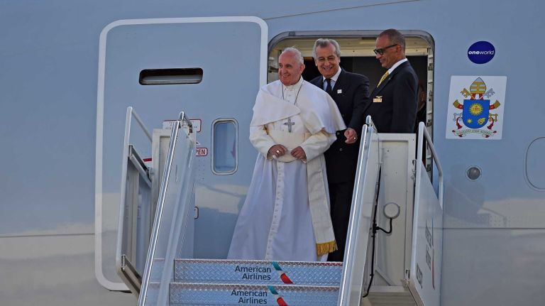 Pope Francis arrives at Kennedy Airport in Queens on Thursday, Sept. 25, 2015. Pope Francis is on a five-day trip to the United States, which includes stops in Washington, D.C., New York and Philadelphia, after a three-day stay in Cuba.
