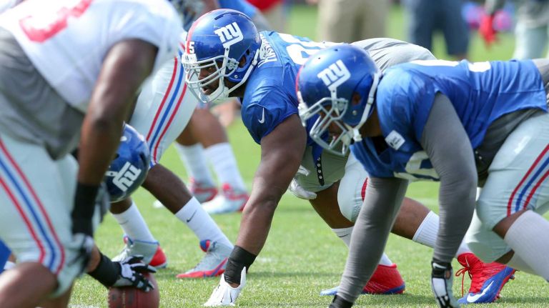 New York Giants defensive tackle Johnathan Hankins lines up against the offense during training camp at the Quest Diagnostics Training Center in East Rutherford, N.J. on Thursday, Aug. 6, 2015.