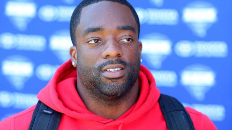 New York Giants running back Andre Williams speaks to the media during training camp at the Quest Diagnostics Training Center in East Rutherford, N.J., on Sunday, Aug. 2, 2015.