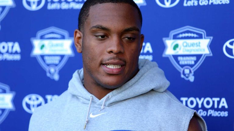 New York Giants linebacker Devon Kennard speaks to the media during training camp at the Quest Diagnostics Training Center in East Rutherford, N.J., on Sunday, Aug. 2, 2015.