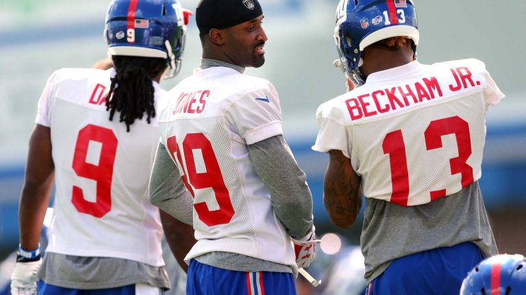 New York Giants wide receivers James Jones and Odell Beckham Jr. talk on the sidelines during training camp at the Quest Diagnostics Training Center in East Rutherford, N.J., on Saturday, Aug. 1, 2015.