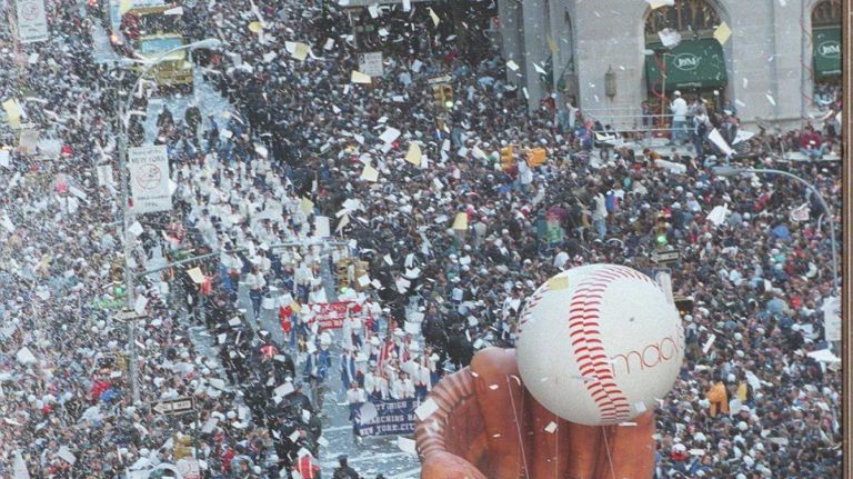 The ticker tape parade for the World Champion NY Yankees heads up Broadway. (Oct. 29, 1996)