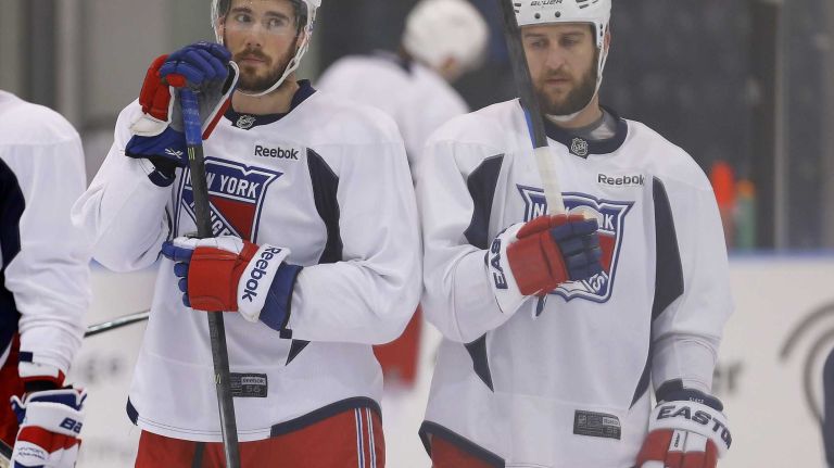 James Sheppard and Tanner Glass of the Rangers look on during practice on Thursday, May 28, 2015 at the MSG Training Center in Greenburgh, N.Y.