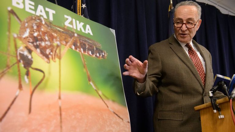 Sen. Chuck  Schumer, at his Manhattan office, outlines a  three-point federal plan aimed at containing the Zika virus outbreak  on  Sunday, Jan. 31, 2016.