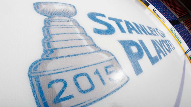 A playoff logo appears on the ice before the game between the New York Islanders and the Washington Capitals in Game 3 of the Eastern Conference quarterfinals during the 2015 NHL Stanley Cup Playoffs at the Nassau Veterans Memorial Coliseum on April 19, 2015.
