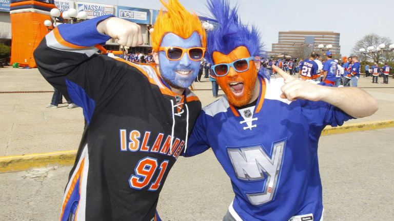 New York Islanders fans get fired up before Game 3 of the Eastern Conference quarterfinals against the Washington Capitals at Nassau Coliseum on Sunday, April 19, 2015.