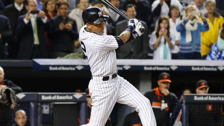Derek Jeter's final game at Yankee Stadium 95 Derek Jeter of the New York Yankees follows through on his ninth-inning, game-winning base hit against the Baltimore Orioles at Yankee Stadium on Thursday, Sept. 25, 2014.