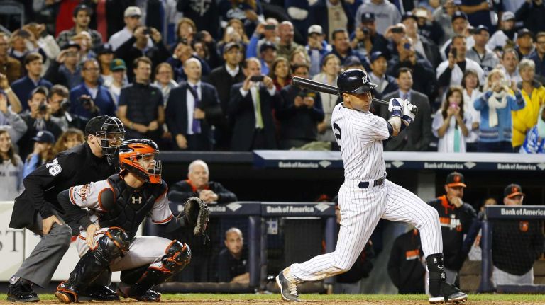 Derek Jeter's final game at Yankee Stadium 96 Derek Jeter, No. 2 of the Yankees, follows through on his ninth-inning game-winning base hit against the Baltimore Orioles at Yankee Stadium on Thursday, Sept. 25, 2014.
