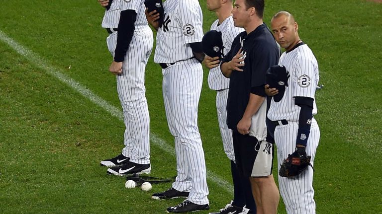 Derek Jeter's final game at Yankee Stadium 159 Yankees' Derek Jeter stands with his team for the National Anthem before the start of his final game at Yankee Stadium against the Baltimore Orioles on Sept. 25, 2014.