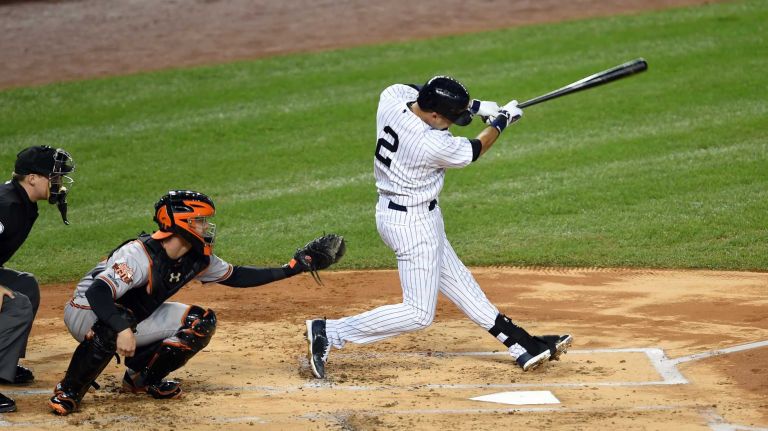 Derek Jeter's final game at Yankee Stadium 160 Yankees' Derek Jeter knocks a double in his first at-bat of his final game at Yankee Stadium on Thursday, Sept. 25, 2014.